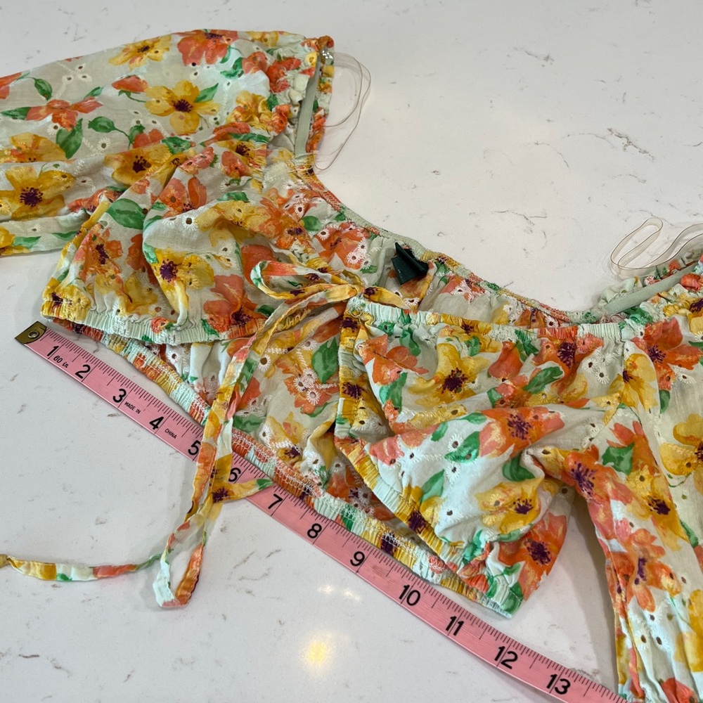 Wild Fable Puff Long Sleeve Alkaid Tiny Top Floral Eyelet Front Tie Size M - Picture 12 of 12